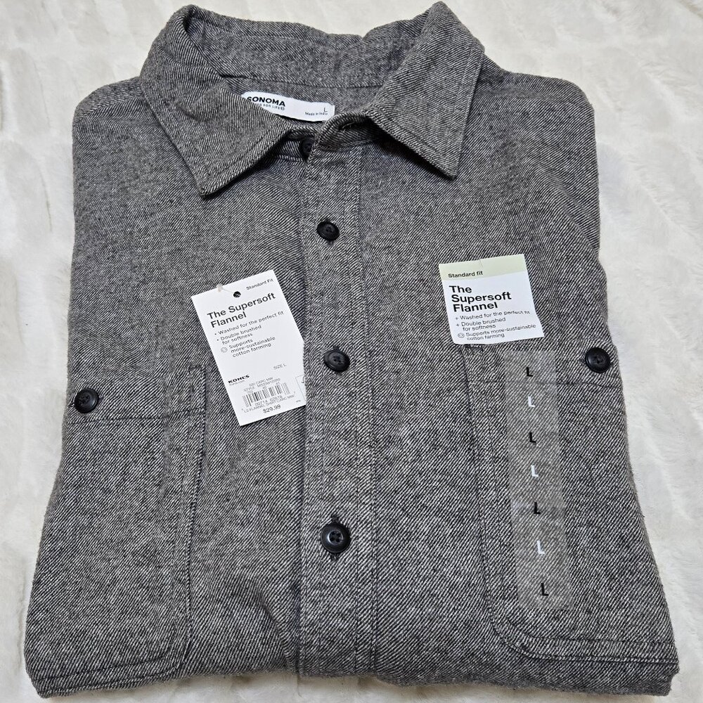 Large Sonoma Super Soft Gray Flannel Button Up Long Sleeve Men's Shirt (NWT)